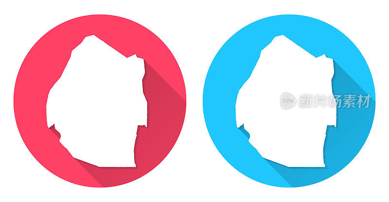 Eswatini地图。圆形图标与长阴影在红色或蓝色的背景