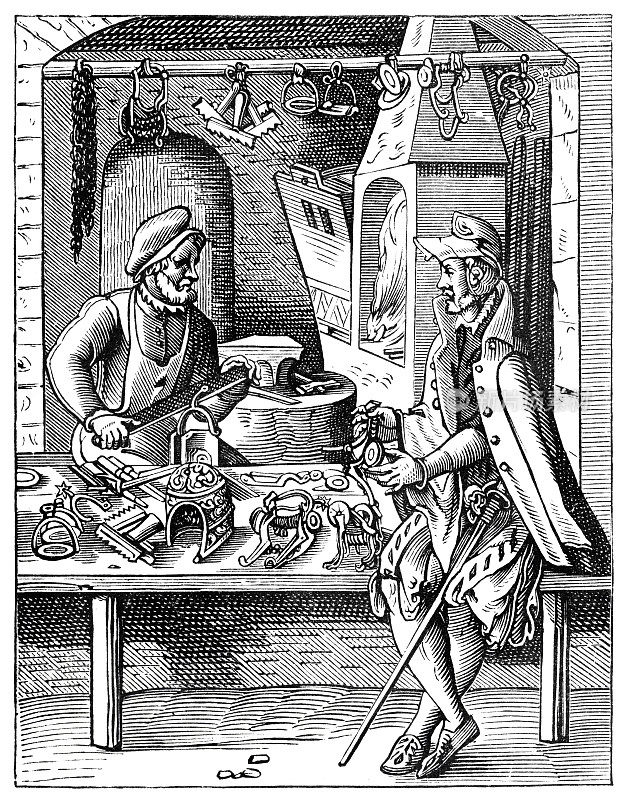 铁匠在制作16世纪的木刻插图