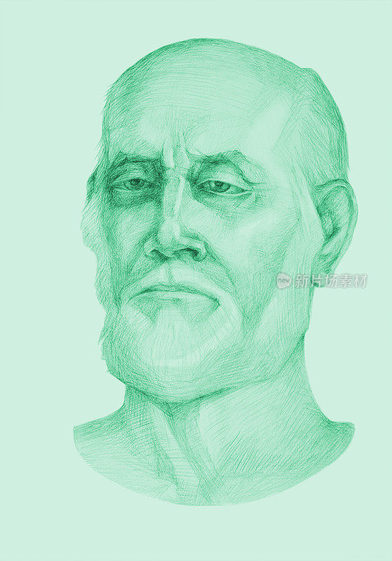 插图:在绿色的背景上，铅笔画了一位留着灰胡子的老人的肖像
