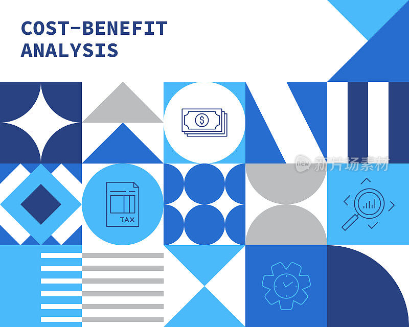 成本效益分析概念包豪斯风格的背景设计与可编辑的笔画线图标