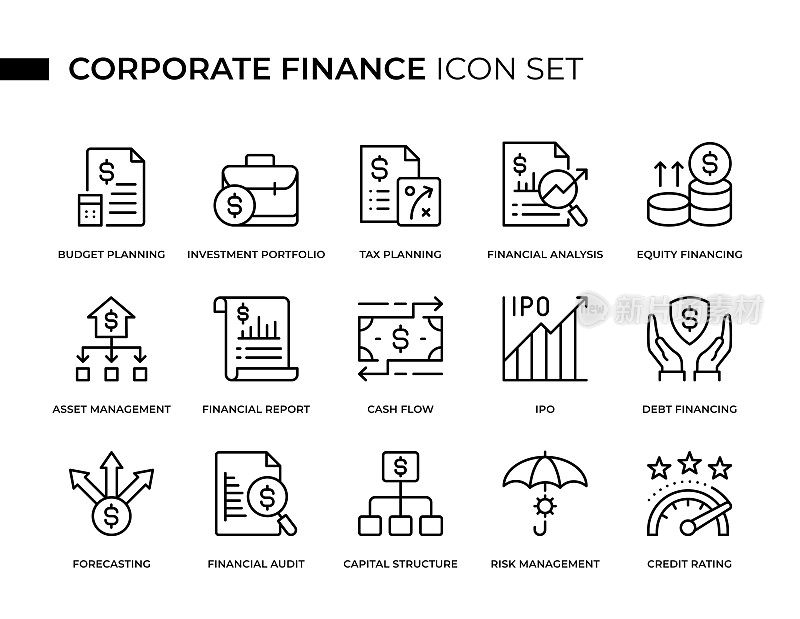 公司财务概念细线图标集包含预算规划、投资组合、税务规划、财务分析、财务报告、现金流量、IPO、审计等图标
