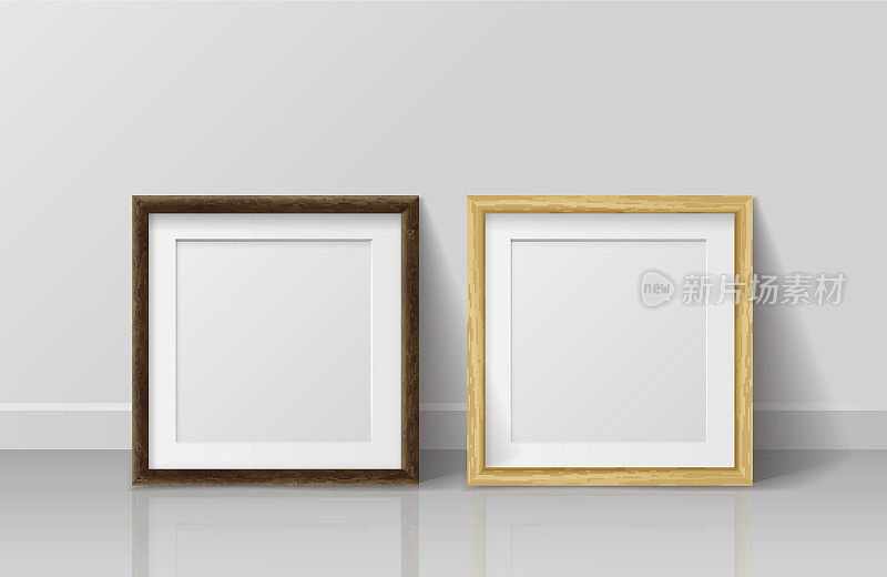 现实的浅色木材和深色木材空白画框，站立