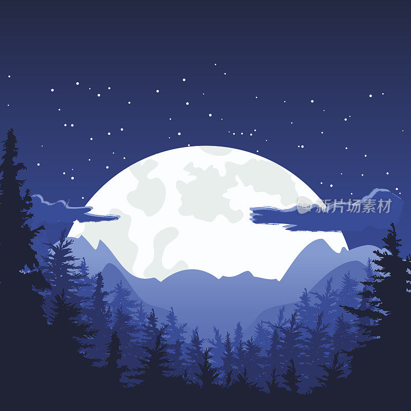 夜山景观与满月。