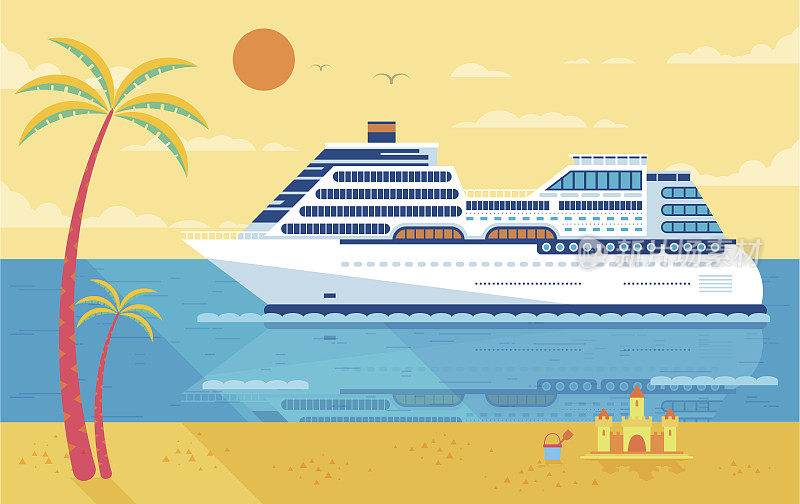 邮轮孤立的插图，侧视图，靠近海滩，棕榈树