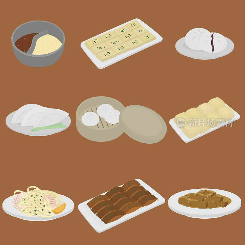 PrintSet中式食品平面设计元素。亚洲街头美食菜单。传统菜肴北京烤鸭，汤锅子，猪肉和豆腐。饺子，饺子和包子，面条和包子。