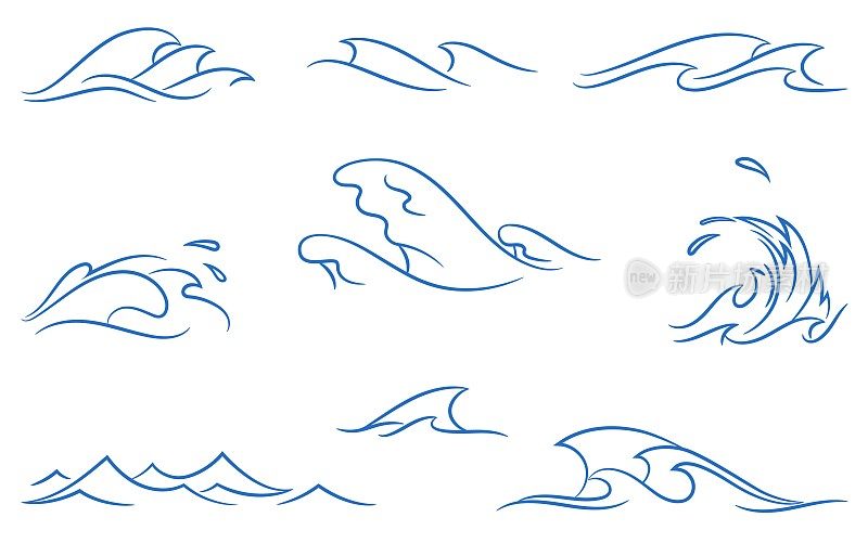 矢量集不同的简单程式化的细条纹海浪