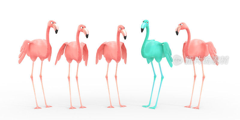 四只粉红色的火烈鸟和一只绿色的火烈鸟——绿色是新的粉红色