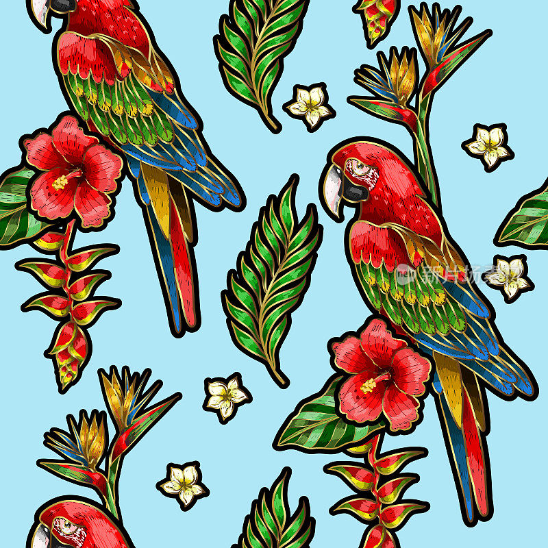 无缝图案的鹦鹉，棕榈叶和木槿刺绣。热带纹理的印刷。