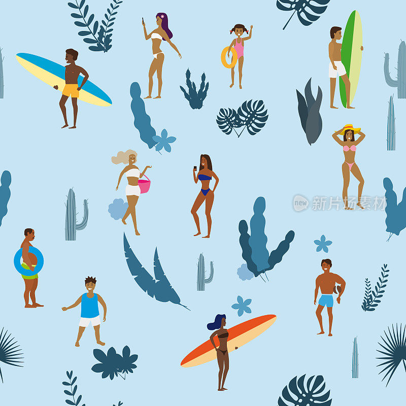 夏季无缝模式。人们在海滩上享受乐趣，放松和在海滩上进行夏季户外活动-日光浴，散步，携带冲浪板，在海里游泳，海洋。奇异的植物，叶子，花。趋势平面卡通风格，矢量，是