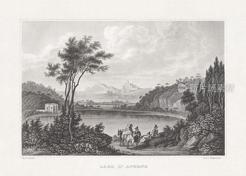意大利阿弗诺湖的历史观，钢版画，1860年出版