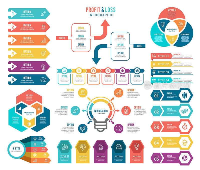 一套信息图元素和利润和损失信息图元素。