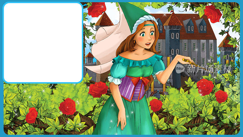 卡通场景与年轻的女孩公主在森林附近的一些城堡在森林里-以框架为文本