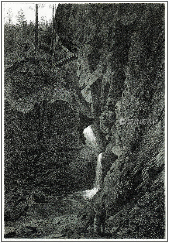 古插图的人和地方的意大利阿尔卑斯山，瓦尔赛西亚，皮埃蒙特:瀑布在瓦尔德奥特罗