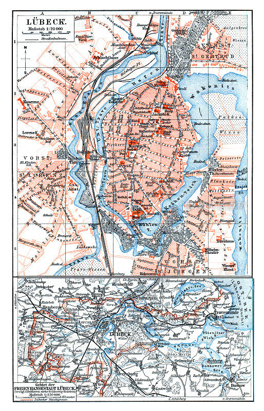 1897年德国Lübeck古董地图