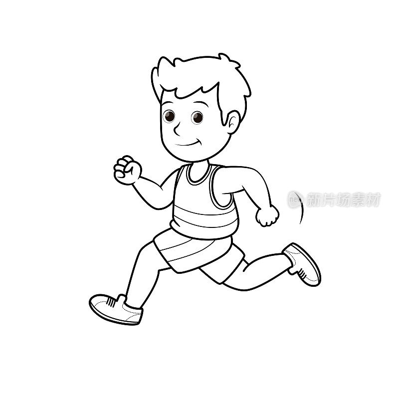 一个正在跑步的男孩在一个白色的背景为组装或创建教学材料的妈妈做家庭教育和教师寻找图像的教学材料的黑白插图。