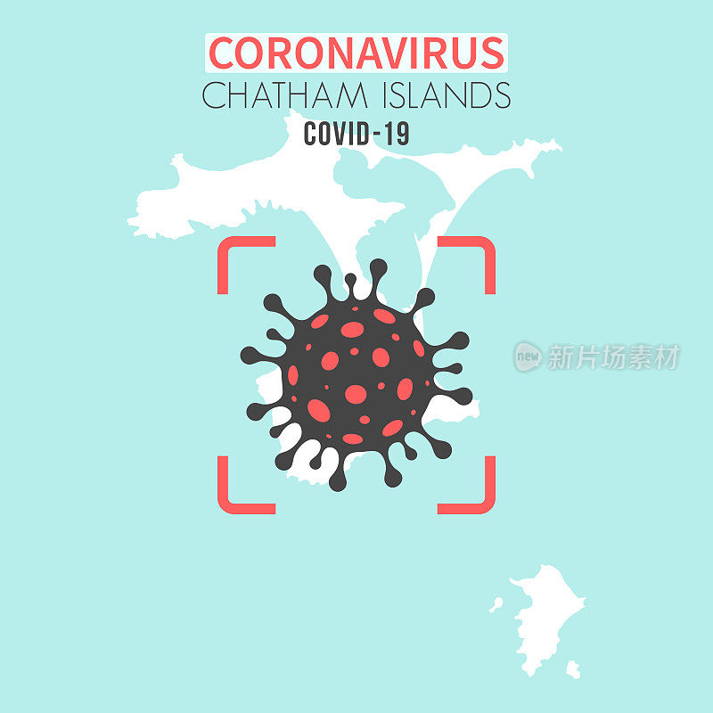 查塔姆群岛地图，红色取景器显示冠状病毒细胞(COVID-19)
