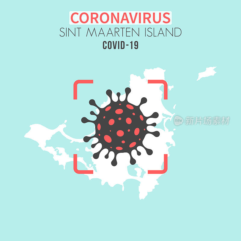 圣马丁岛地图，红色取景器中有冠状病毒细胞(COVID-19)