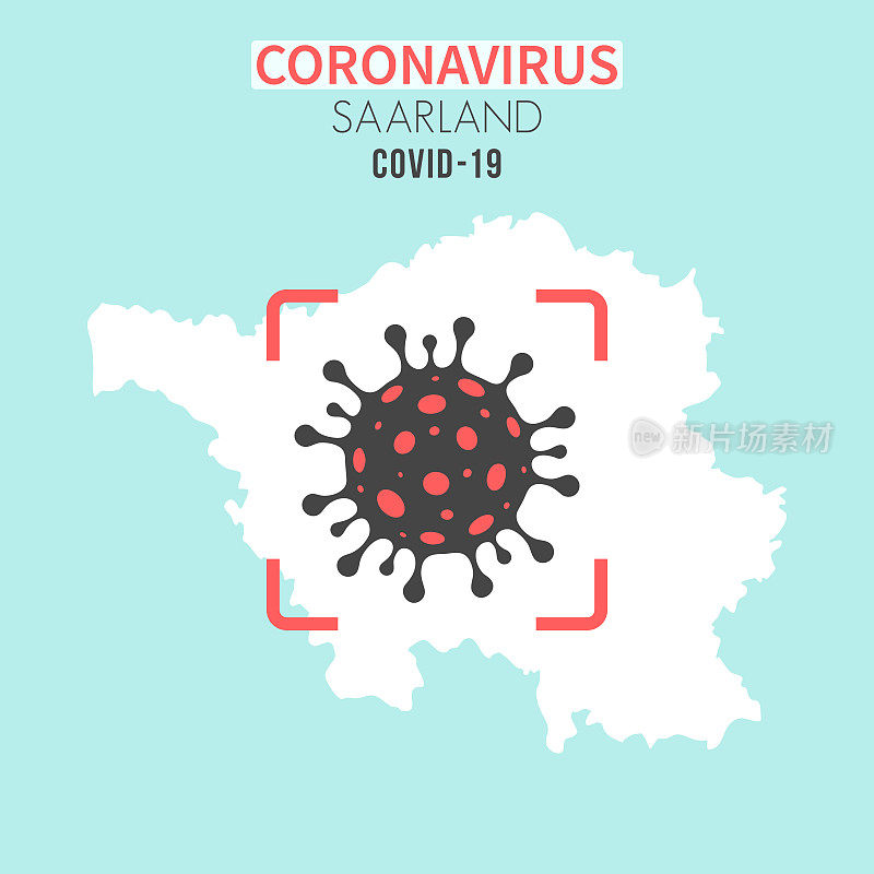 Saarland地图，红色取景器中有冠状病毒细胞(COVID-19)