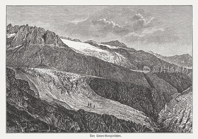 下阿雷冰川(Unteraargletscher)的历史视图，瑞士，木刻，1893