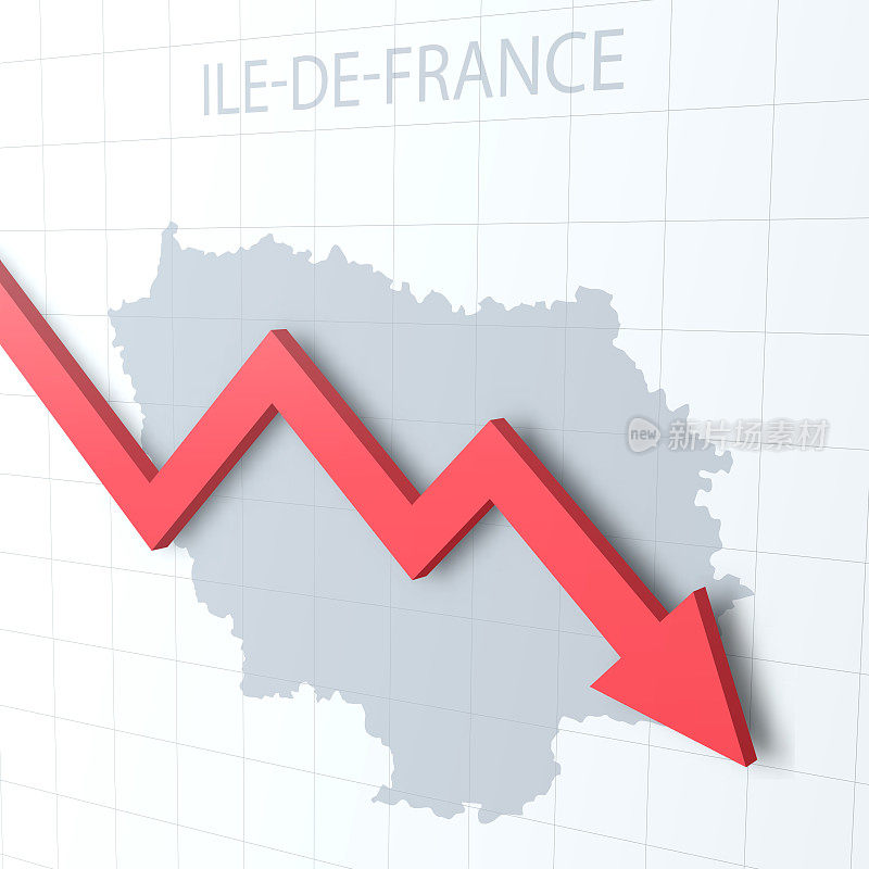 坠落的红色箭头，背景是法兰西岛地图