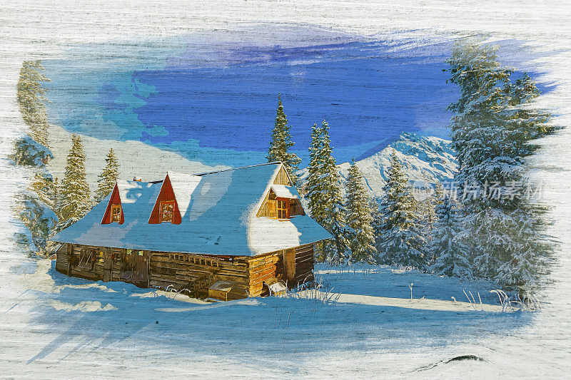 冬季塔特拉斯山农舍的水彩画