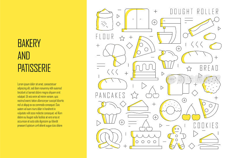 面包房和糕点相关线设计风格网页横幅矢量插图