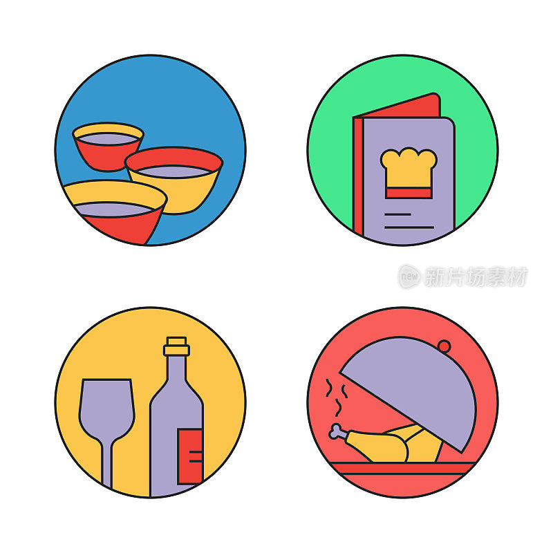 餐厅，食物和饮料相关的向量组线性平面图标和信息图形设计元素