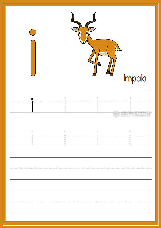 在白色背景上孤立的黑斑羚的矢量插图。用小写字母I作为教与学的媒介，让孩子认识英文字母或让孩子学习写字母。