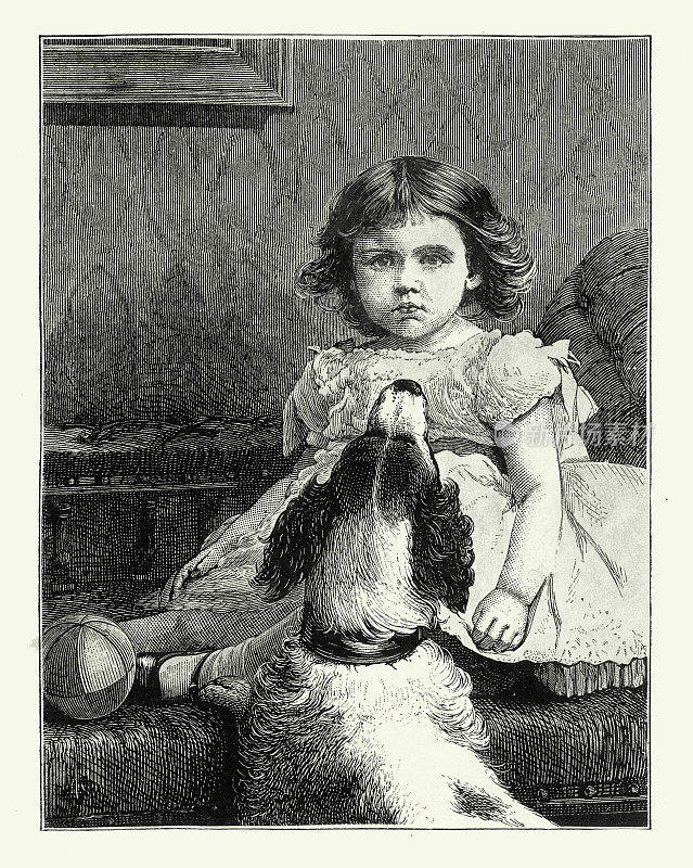 年轻女孩抚摸她的狗，美国维多利亚雕刻，1882年，美国维多利亚雕刻，1882年
