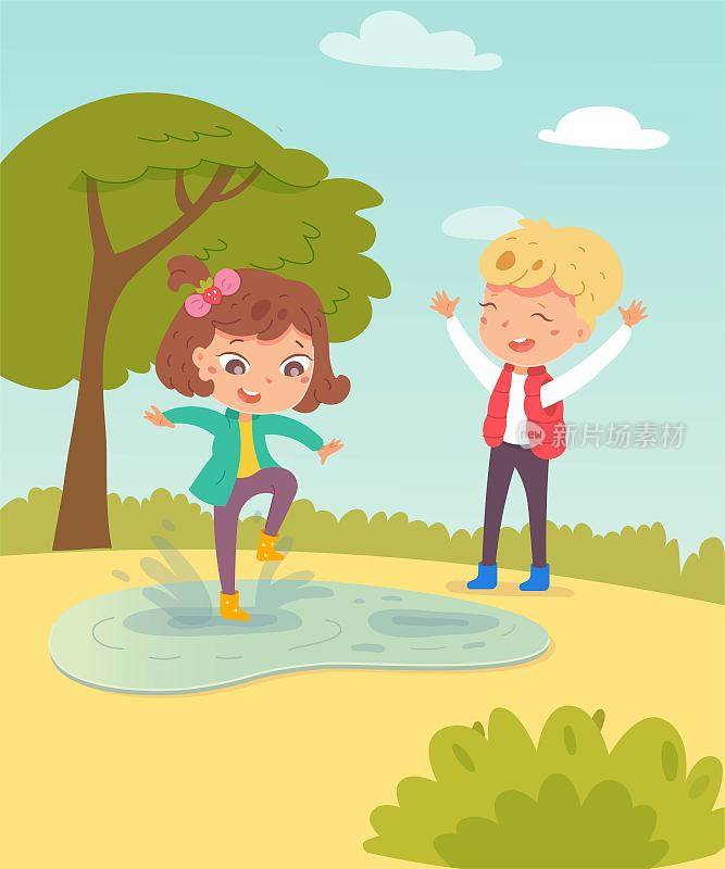 春天快乐的孩子们。孩子在温暖的天气有乐趣的户外矢量插图。女孩穿着靴子在水坑里跳，男孩在公园里举着手大笑。树和蓝天的背景