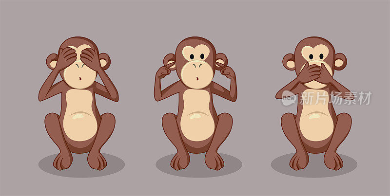 三只聪明的猴子矢量插图