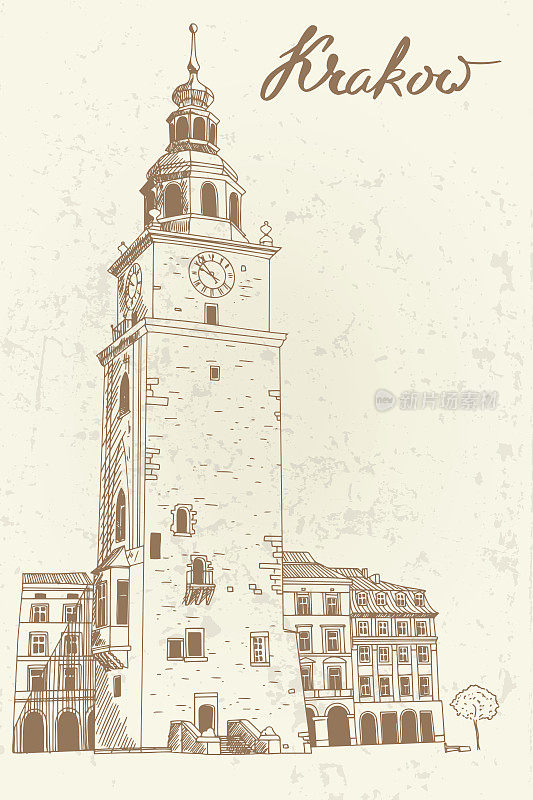 市政厅塔位于老城区主市场广场区Kraków。波兰。