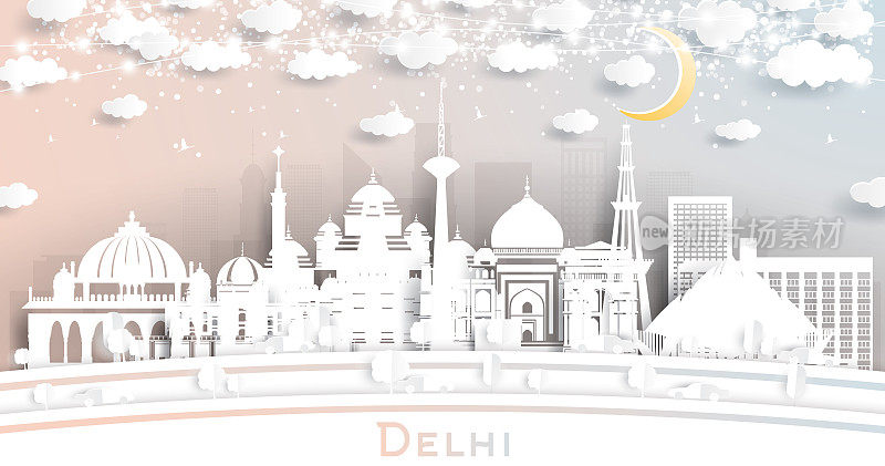 印度德里城市天际线剪纸风格的白色建筑，月亮和霓虹灯花环。