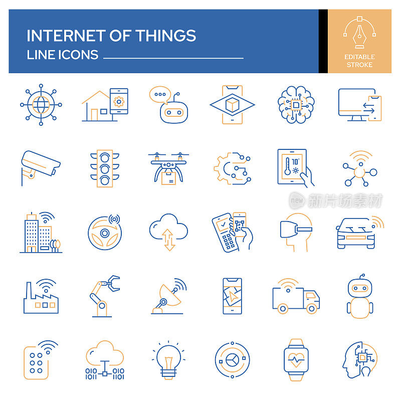 物联网相关线图标的集合。轮廓符号集合，可编辑的描边