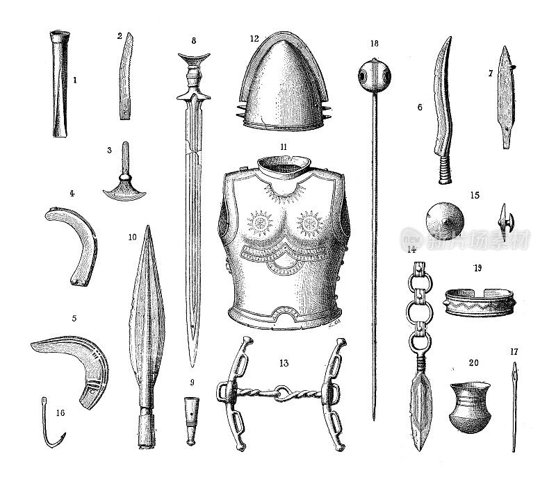古董插图:盔甲和武器