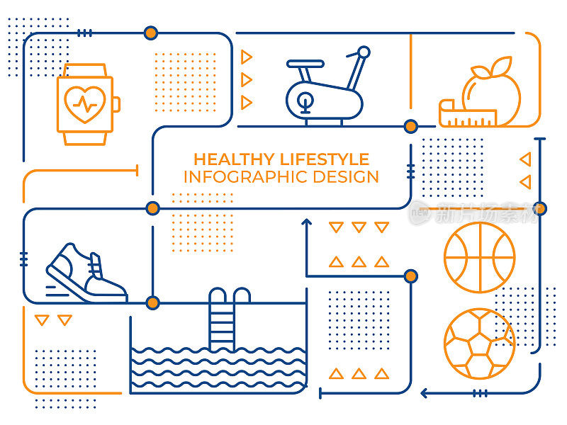 健康生活方式矢量线插图信息图形设计模板