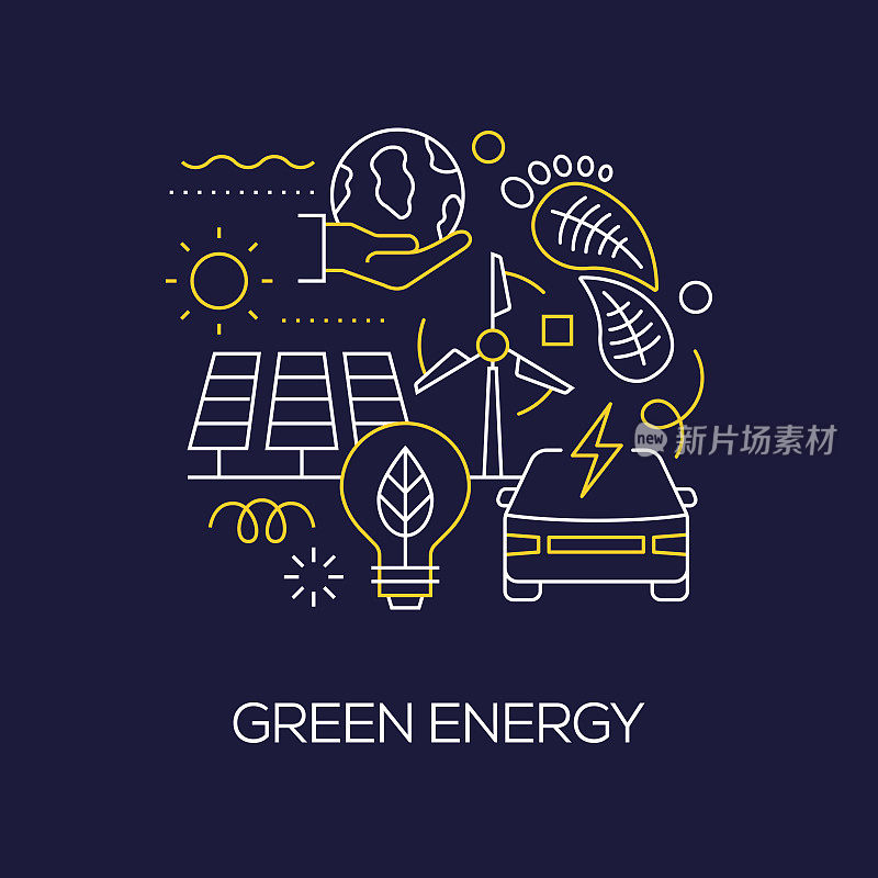 矢量插图绿色能源概念。线条艺术风格背景设计网页，横幅，海报，打印等。矢量插图。
