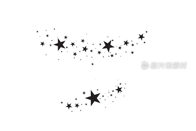 白色背景上的星星。黑色的星星与优雅的星星。流星体，彗星，小行星，恒星。