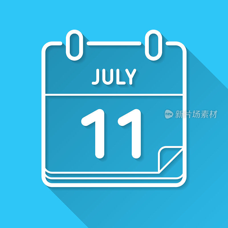 7月11日。蓝色背景上的图标-长阴影平面设计