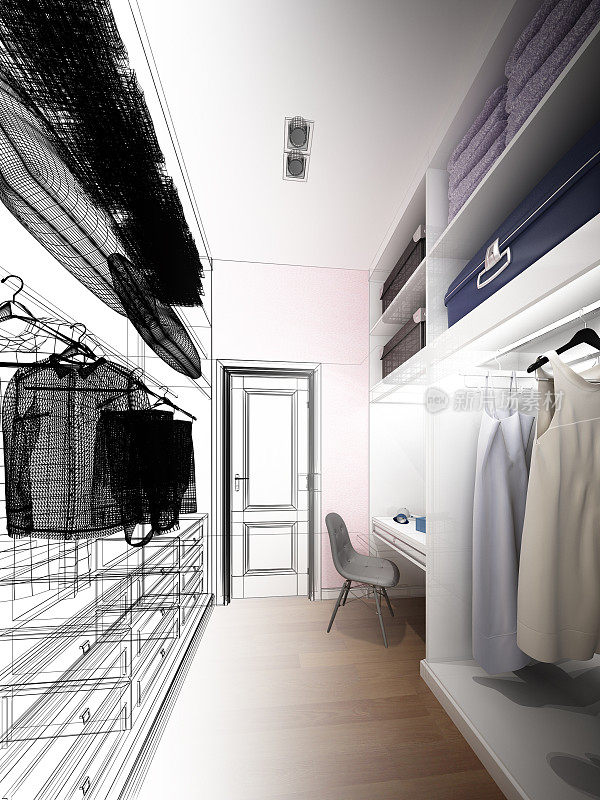 室内步入式衣柜抽象草图设计，3d效果图