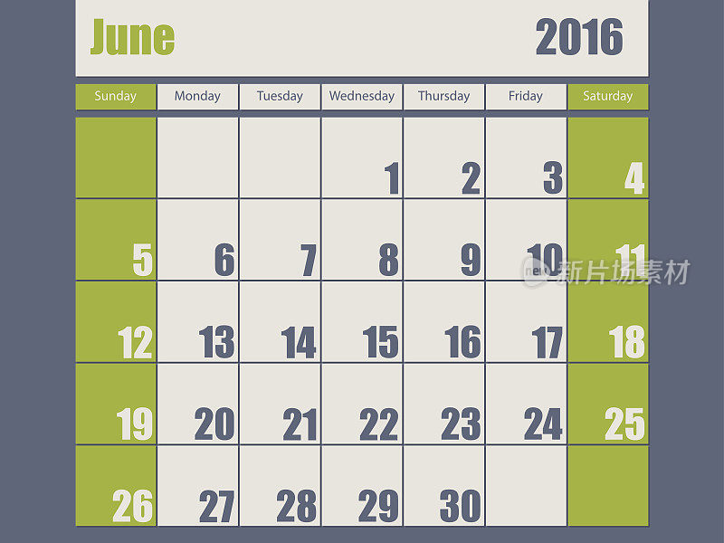 蓝绿色2016年六月日历