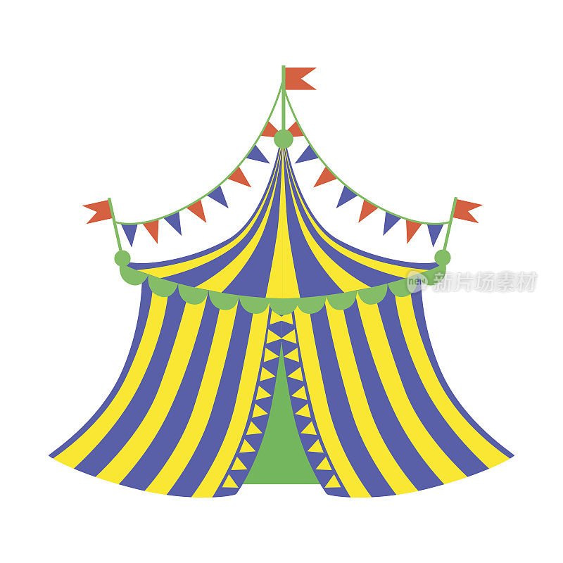 黄色和蓝色的马戏团帐篷，游乐园和博览会的一部分，平面卡通插图系列