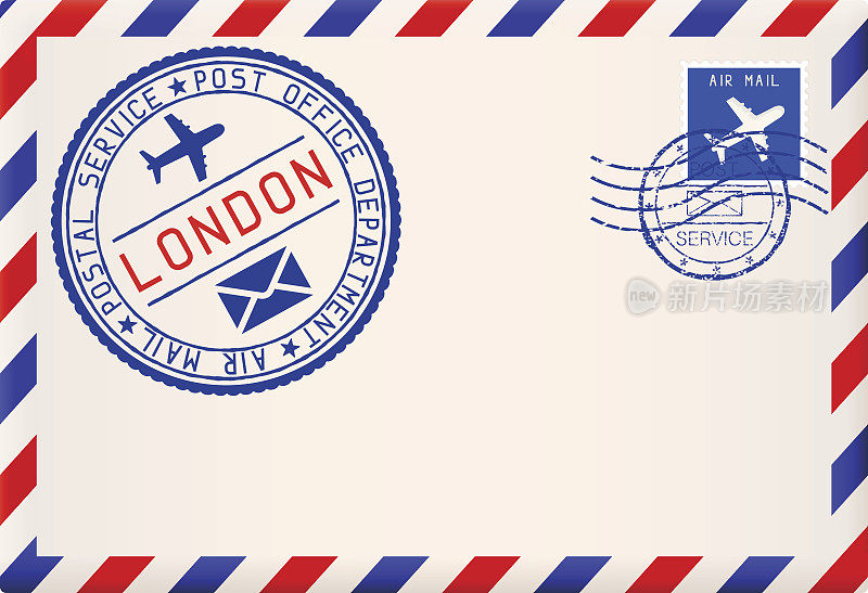来自伦敦的国际航空邮件。用圆形的蓝色邮票