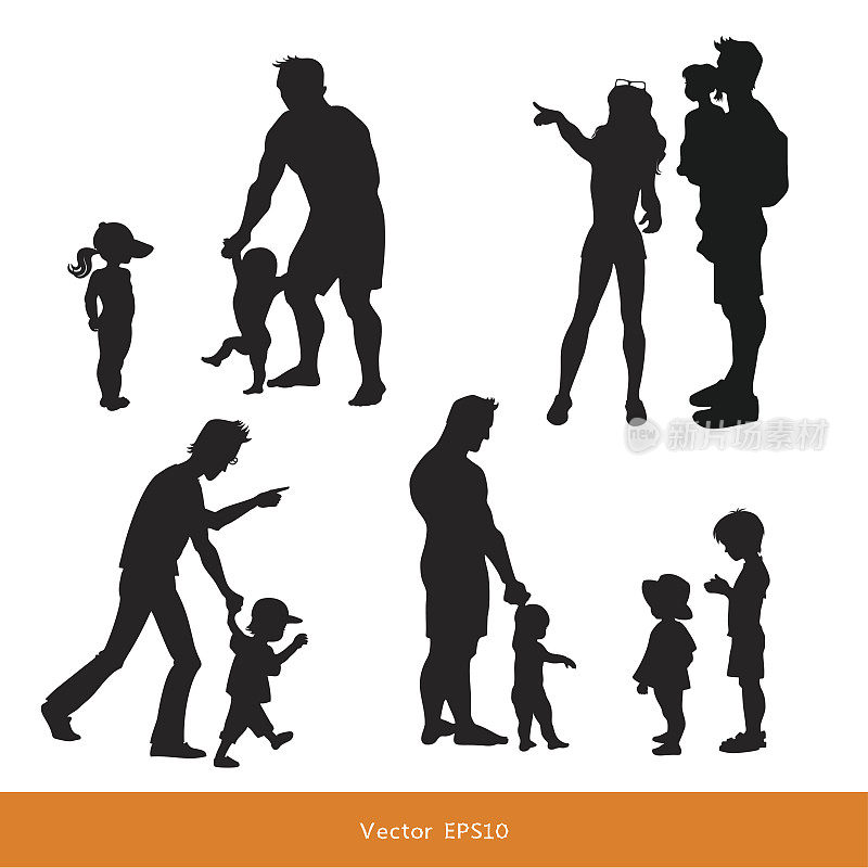 家庭和小婴儿走路。父亲和孩子。男人和女人用手指指向动作的方向。