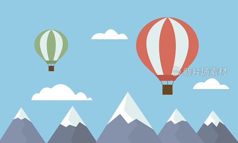 观看两个彩色的热气球在蓝色的天空中飞过云层的山顶