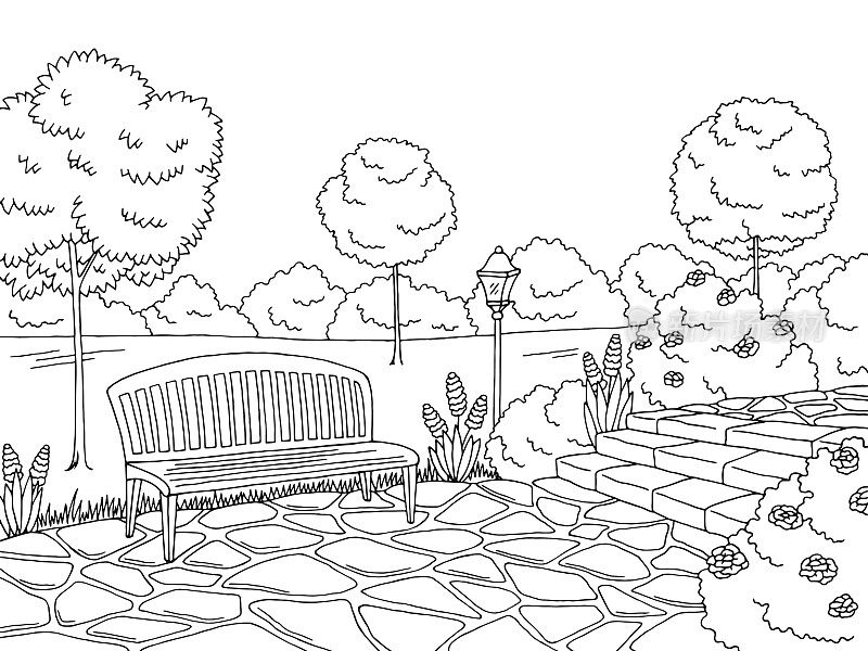公园图形黑白长凳灯景观素描插图向量