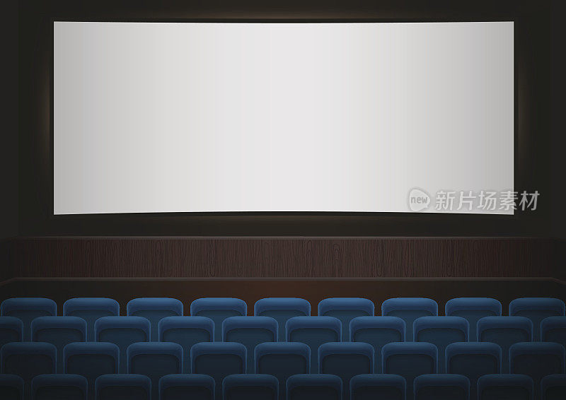 电影院的内部。白色空白屏幕前的蓝色电影院或剧院座位。空电影院礼堂矢量背景