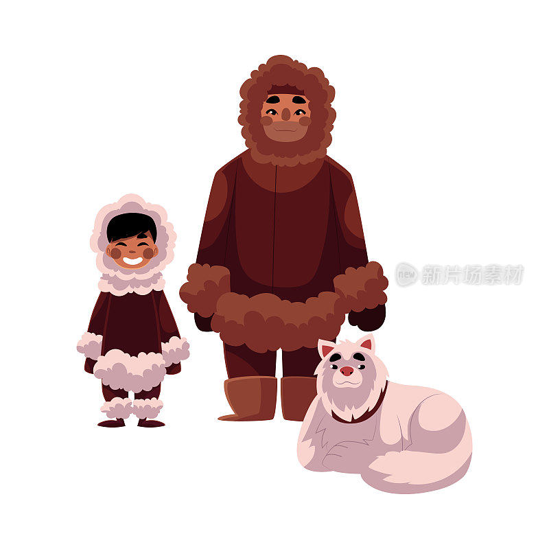 爱斯基摩人，因纽特人的父亲，儿子在暖和的衣服和雪橇狗
