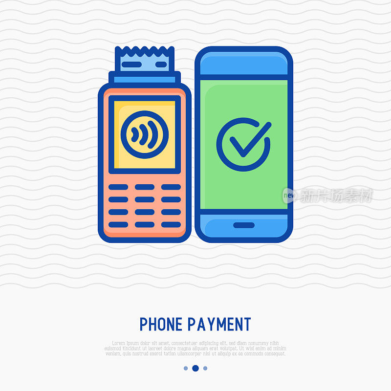手机支付的细线图标。Pos终端确认智能手机支付，完成交易。nfc支付的矢量插图。