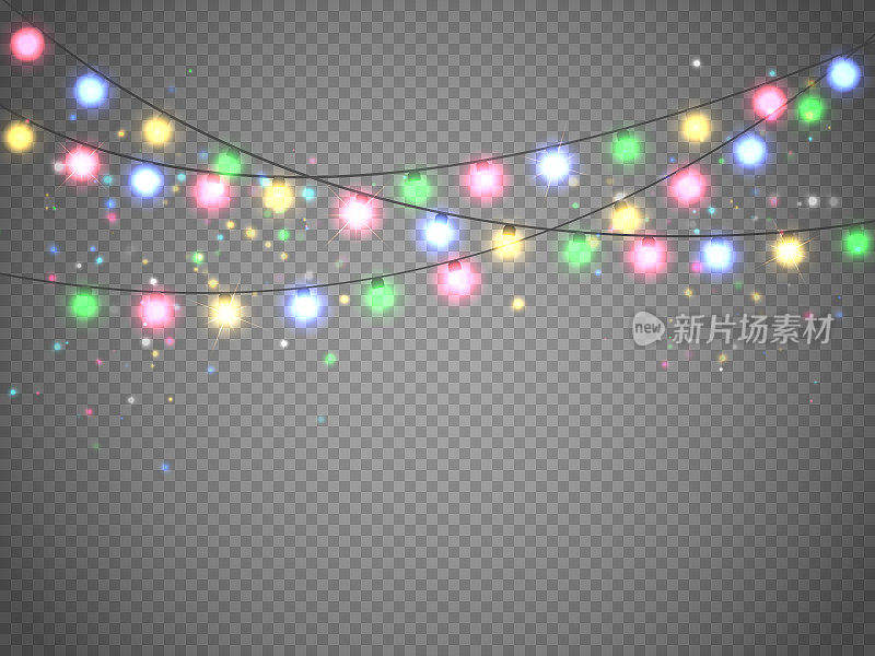 圣诞灯孤立在透明的背景。圣诞花环。矢量图